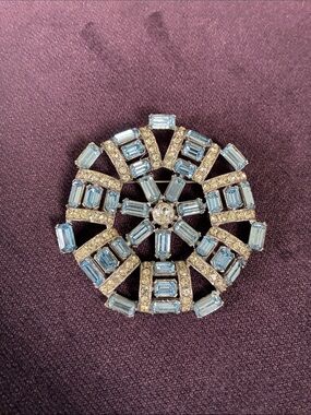 Vintage Bogoff Blue Crystal/Rhinestone Round Wheel Brooch
